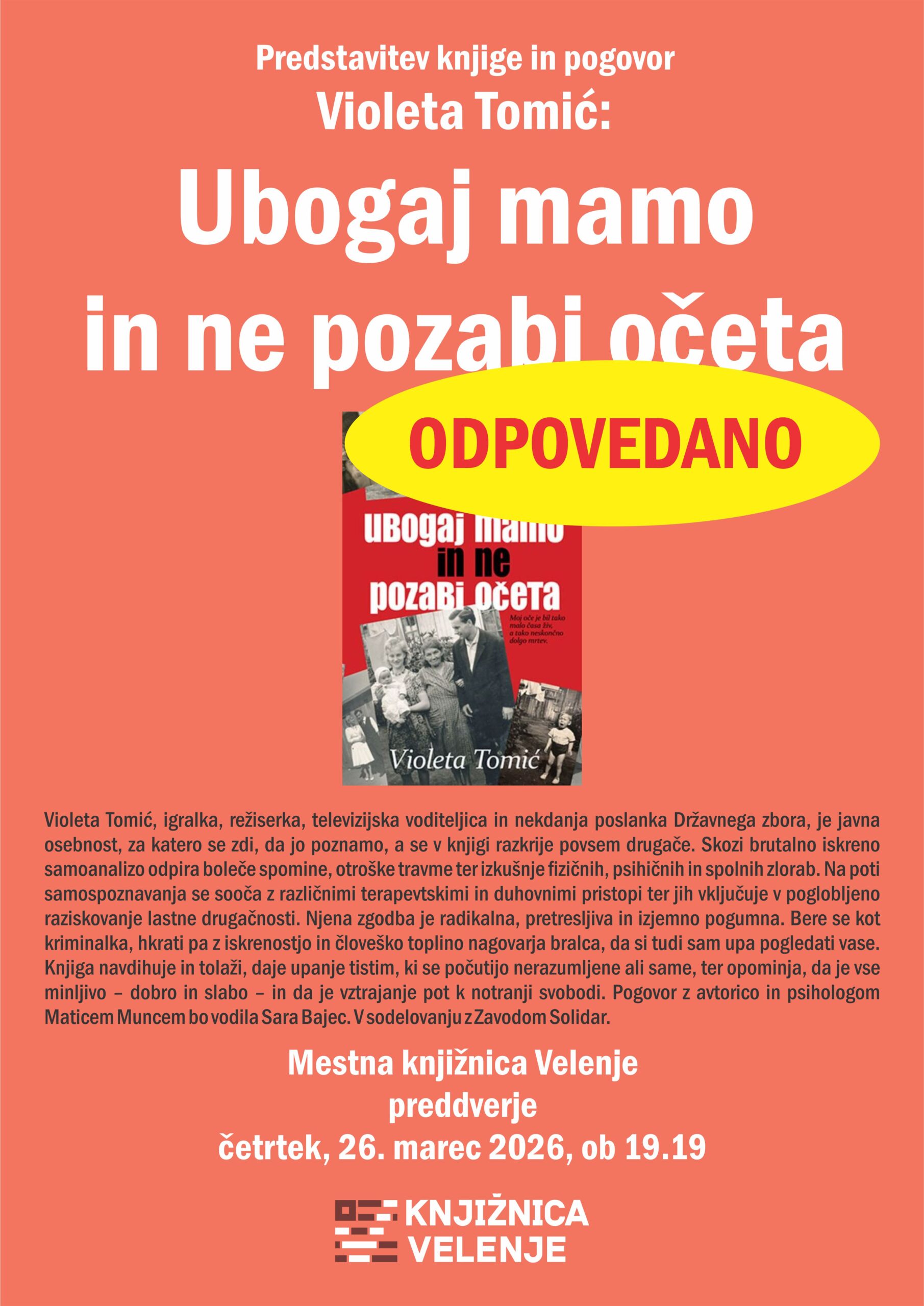 ODPOVEDANO Violeta Tomić: Ubogaj mamo in ne pozabi očeta